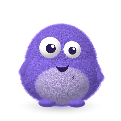 Purple Hugo with a smile and a lightning tattoo